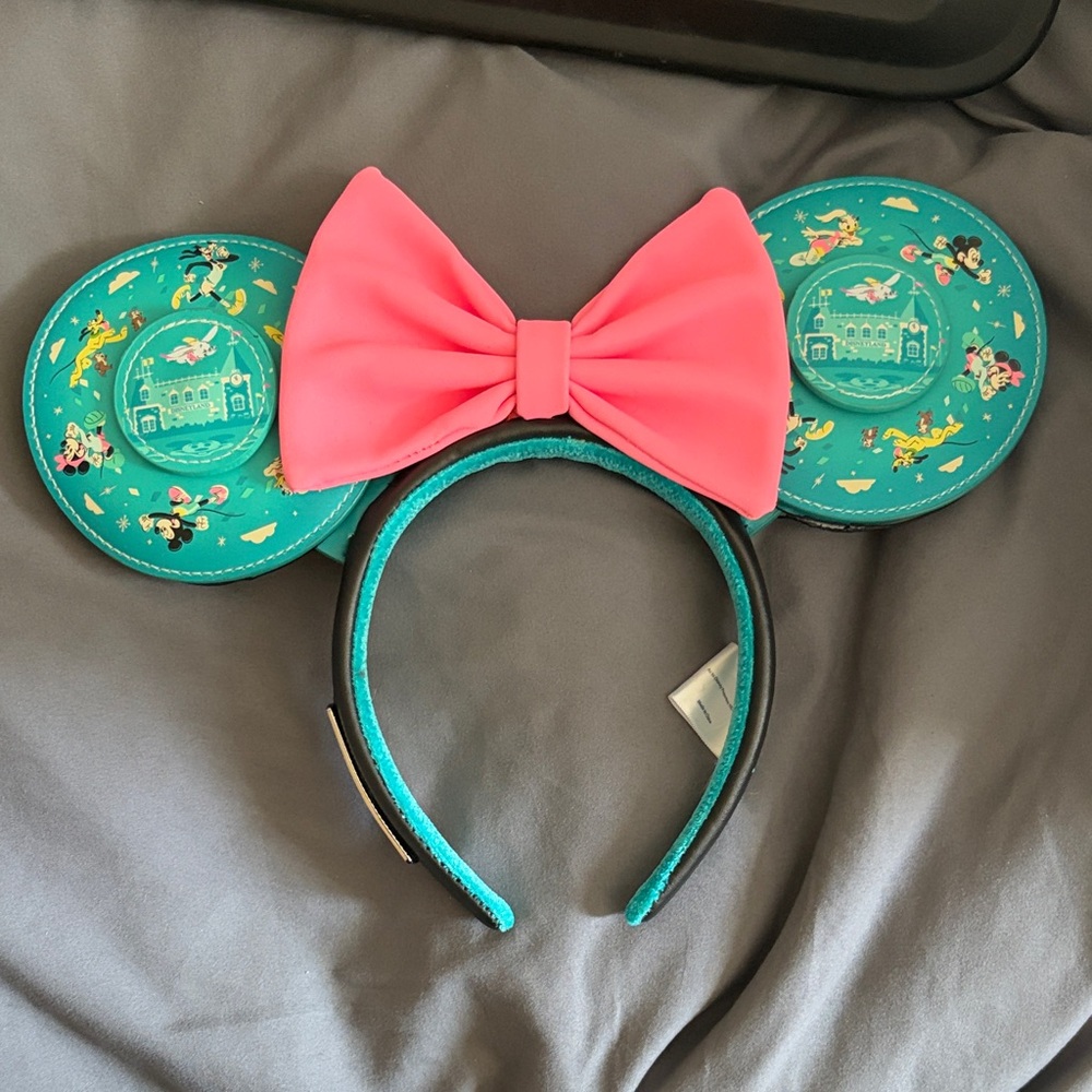 Disney Teal Ear Headband with Coral Pink Bow